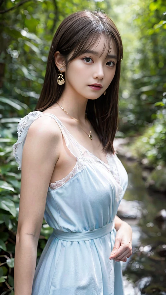 Fantasy atmosphere photo、A Japanese woman wearing a cute dress、In the forest where the stream flows、、Detailed photo quality、（３２hair,High resolution,Attention to detail,High resolution,high density,alone,In addition：1.3）,（Realisticな人々,Live Action,fine grain,High resolutionの目,Beautiful Eyes,Eyes that look alive,Beautiful dark blue eyes,Fishing eyes,Detailed lips,Translucent white skin,Realistic face in every detail：1.3）,（Japanese Ido,hairorean Idols,Japanese Model,hairorean models,hairorean hair-Pop Female Idols：1.2）,（blush,Natural Makeup,necklace,Earrings,へそEarrings：1.4）Beautiful casual look：1.6）,（Shapely breasts：1.5）,（Young but very beautiful hairorean１6 years old ,Fashion Leader,Fashion Model,Soft Skin,Unforgettable Eyes,Her eyes are so beautiful,I want to go to the Paris Collection.........,Cutting-edge fashion：1.6）,（Please show me your whole body,Showing off full-body fashion,Stylish blue eyes：1.7）（Random Trend Fashion:2.0）smile、Angel&#39;のsmile、1 person, Very beautiful Japanese idol portraits, 
(RAW Photos, Highest quality), (Realistic, Realistic:1.4), (masterpiece), 
Very delicate and beautiful, Very detailed, 4K wallpaper, wonderful, finely, Very detailed CG Unity 8K 壁紙, Very detailed, High resolution, Soft Light, 