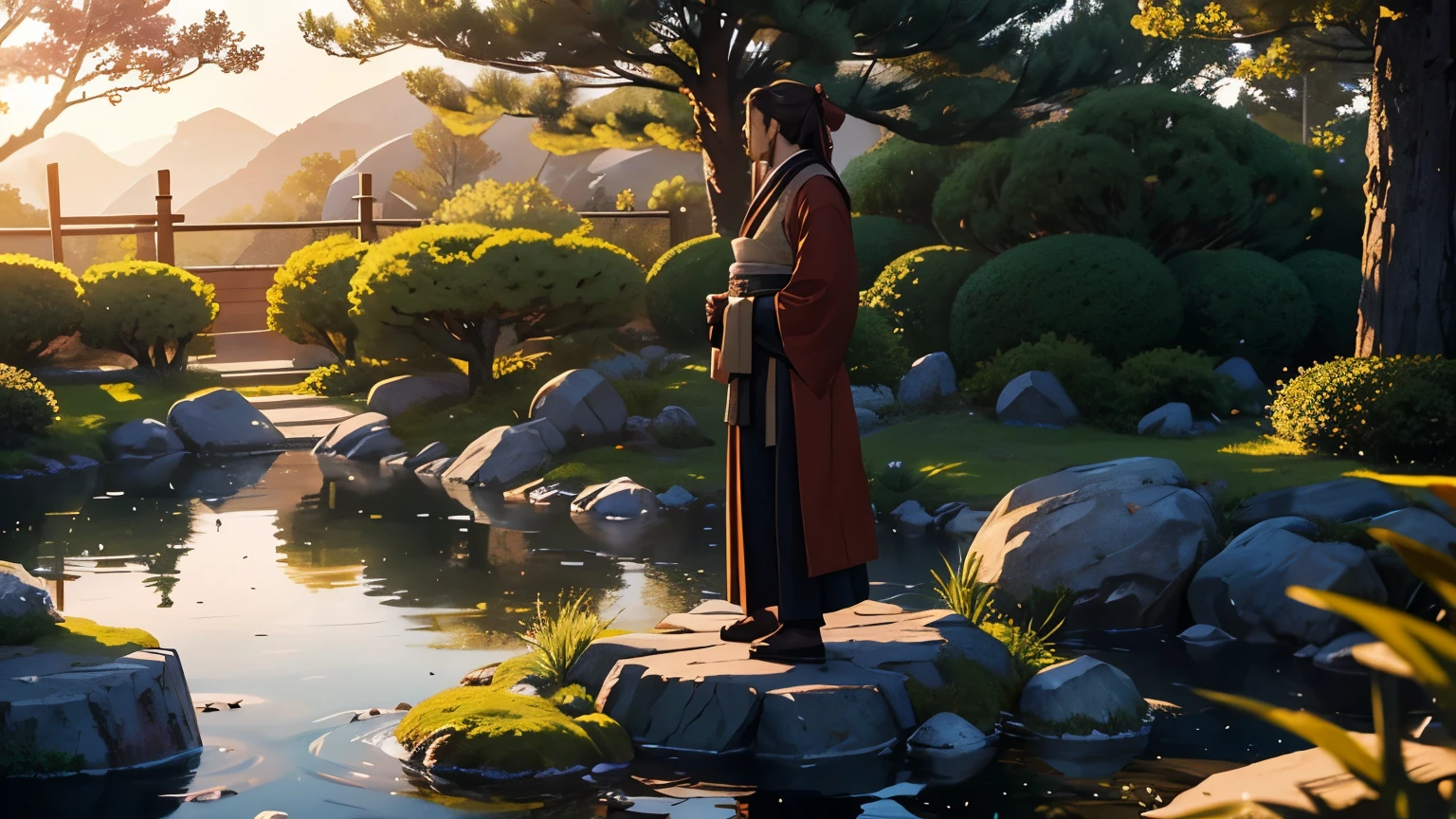 A deeply introspective scene where Takeda Shingen stands alone in a zen garden at dusk, gazing into a large, reflective pool of water. The garden is minimalist, with carefully raked gravel, a few strategically placed stones, and a solitary bonsai tree. In the water’s reflection, a younger version of Shingen is visible, fully armored and ready for battle, representing his past self. The real Shingen, dressed in more modest, monk-like clothing, appears contemplative, as if reflecting on his life and the battles he has fought, both externally and internally. The setting sun casts a warm, golden light over the scene, symbolizing the passage of time and the balance between past and present. The colors are muted and soft, with an emphasis on natural tones and the play of light and shadow.