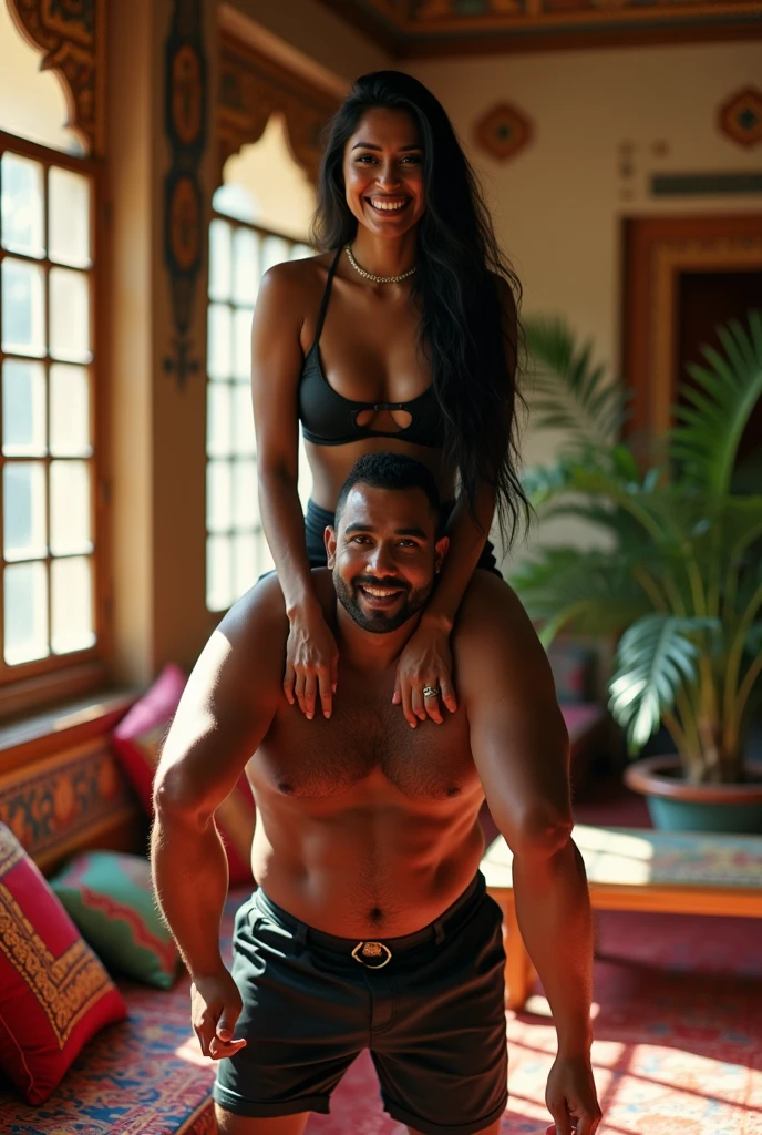 Create a realistic photograph of a smiling and beautiful indian woman in black leather bikini carrying a large stout man on her shoulders , in a exotic room, man is sitting on top of her shoulders , man on top, woman standing at bottom