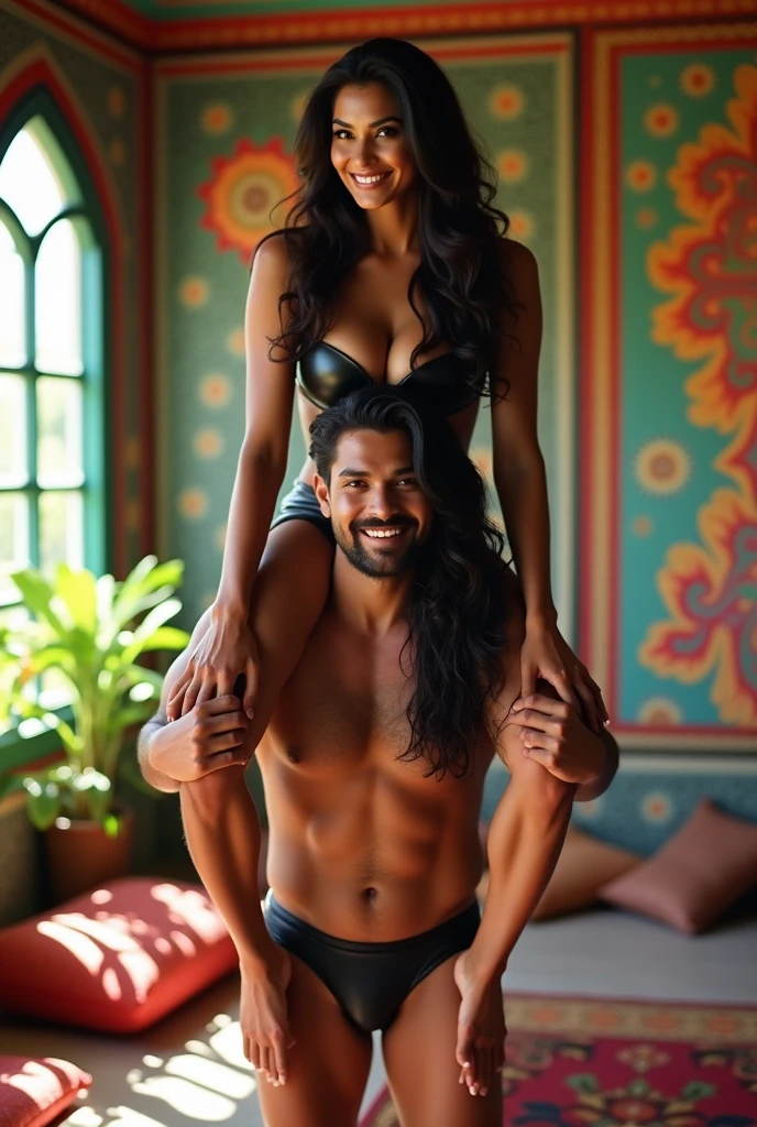 Create a realistic photograph of a smiling and beautiful indian woman in black leather bikini carrying a large stout man on her shoulders , in a exotic room, man is sitting on top of her shoulders , man on top, woman standing at bottom 