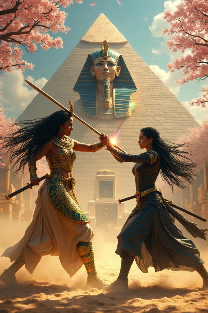 Fight scene: An Egyptian female warrior wearing gold and beetle-green armor, long black dreadlocks, using a golden spear against a Japanese female warrior wearing black samurai armor, long black hair, and a black samurai sword. The clash of swords and spears creates rainbow sparks. There is a large Anubis holding open the mouth of a large white snake. The background is an Egyptian pyramid and cherry trees. The ground is golden sand, and sand is scattered around the scene.