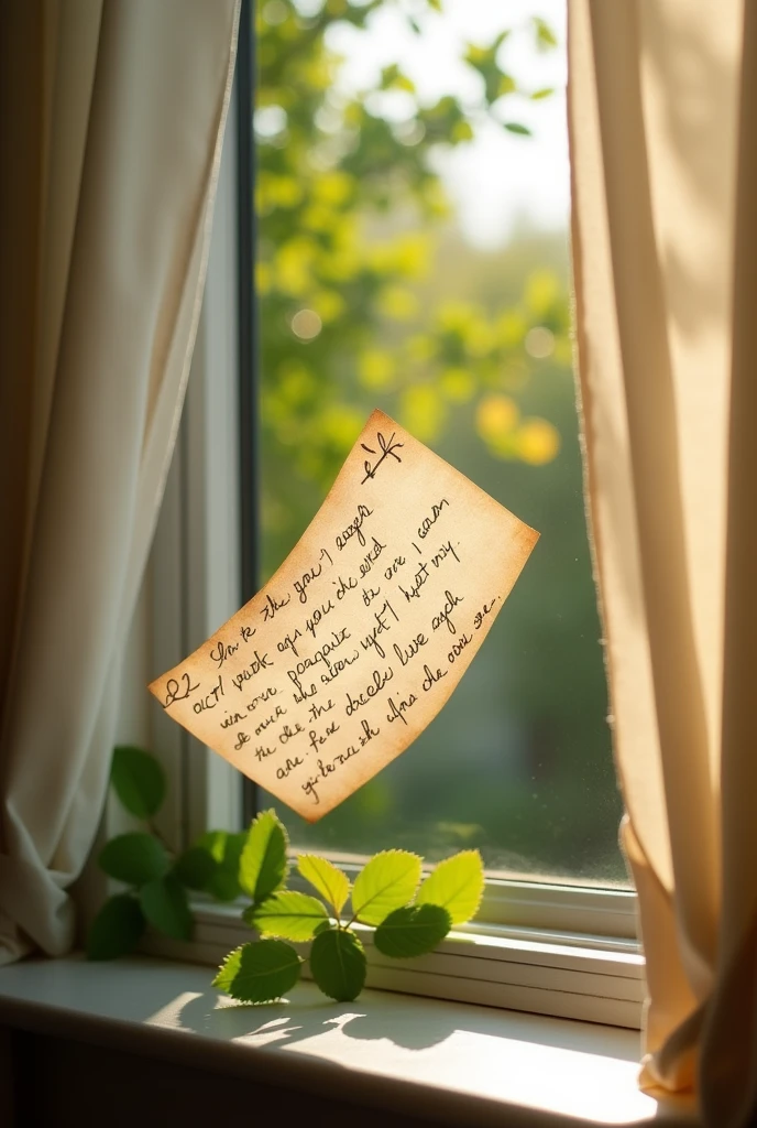 A piece of letter paper 
flying in wind from window 