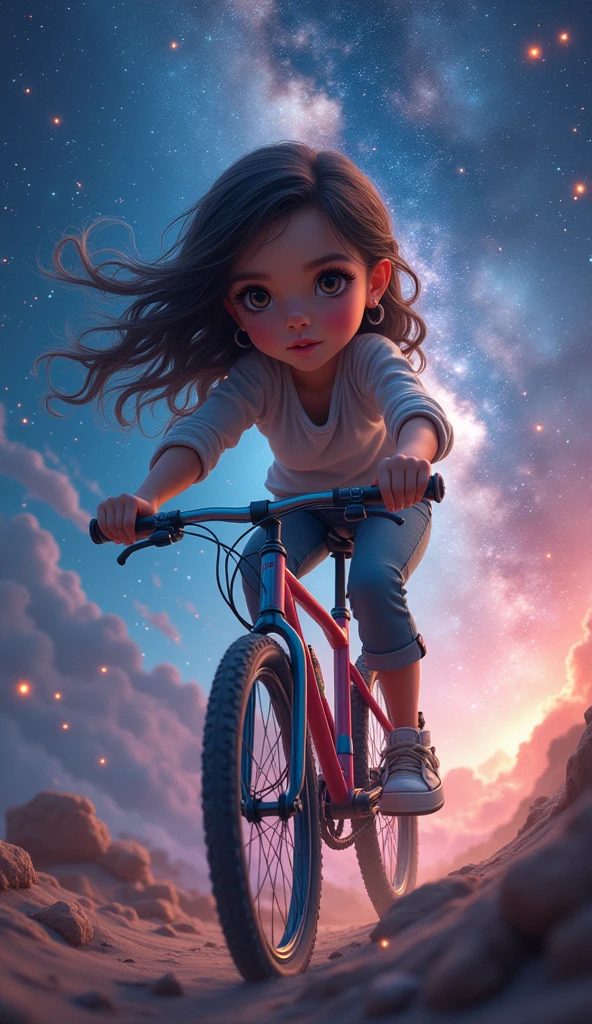 1girl, riding a bicycle through the cosmos, beautiful detailed eyes, beautiful detailed lips, extremely detailed face, longeyelashes, riding a futuristic bicycle, stars, milky way, galaxies, nebulae, cosmic landscape, digital art, (best quality,4k,8k,highres,masterpiece:1.2),ultra-detailed,(realistic,photorealistic,photo-realistic:1.37),cinematic lighting,vibrant colors,dramatic lighting,award winning,cinematic composition