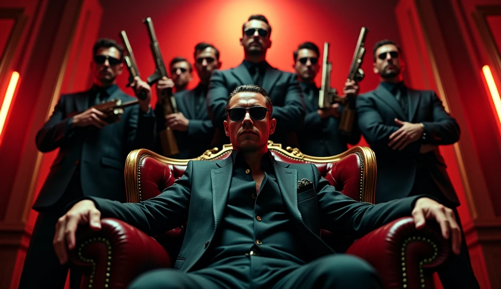 create a movie poster , a young and strong man mafia boss sitting in center on boss chair, wear glasses, gunmans standing behind, showing power, action movie poster, hyper details
