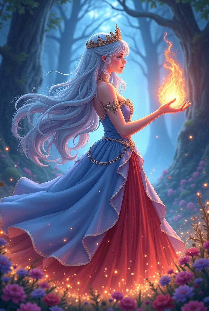 ((best quality)), ((masterpiece)), (detailed), A beautiful princess, casts fire magic, has light-blue hair, wears a crown on her head, wears a light- blue and red gown, in anime style.