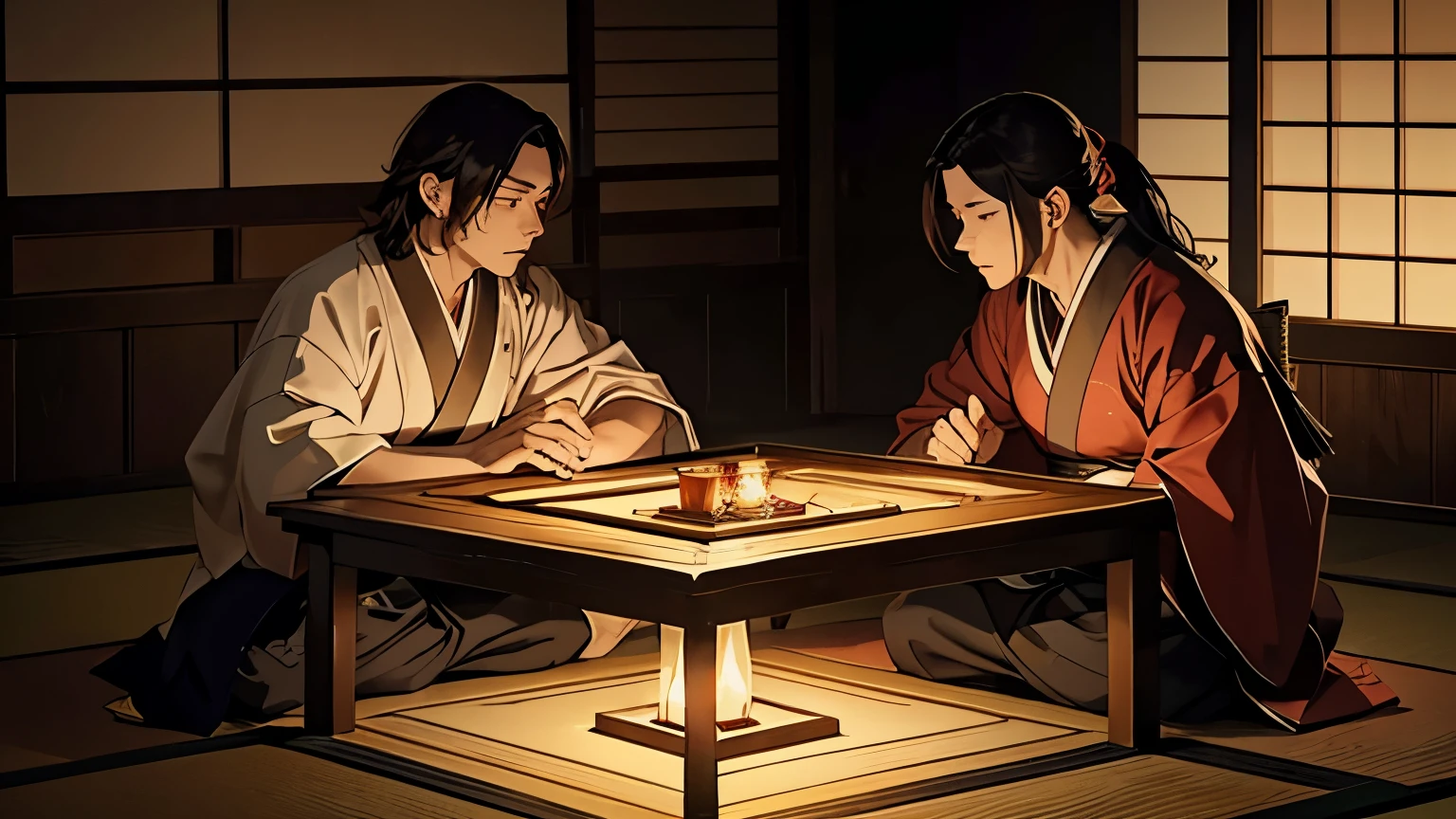 A historically charged and intimate scene inside a traditional Japanese room, where Takeda Shingen and Tokugawa Ieyasu are depicted in a private and intense conversation. The room is dimly lit, with only a few candles providing a warm, flickering light. The two leaders are seated across from each other on tatami mats, with a large, detailed map of Japan spread out between them on a low wooden table. Shingen is shown nodding subtly in approval towards Ieyasu, acknowledging his potential. The expressions on both their faces are serious and contemplative, reflecting the weight of their discussion and the future of their respective domains. The atmosphere is one of mutual respect mixed with underlying tension. The color scheme includes deep reds, browns, and golds, with the soft glow of candlelight creating an atmosphere of secrecy and significance.