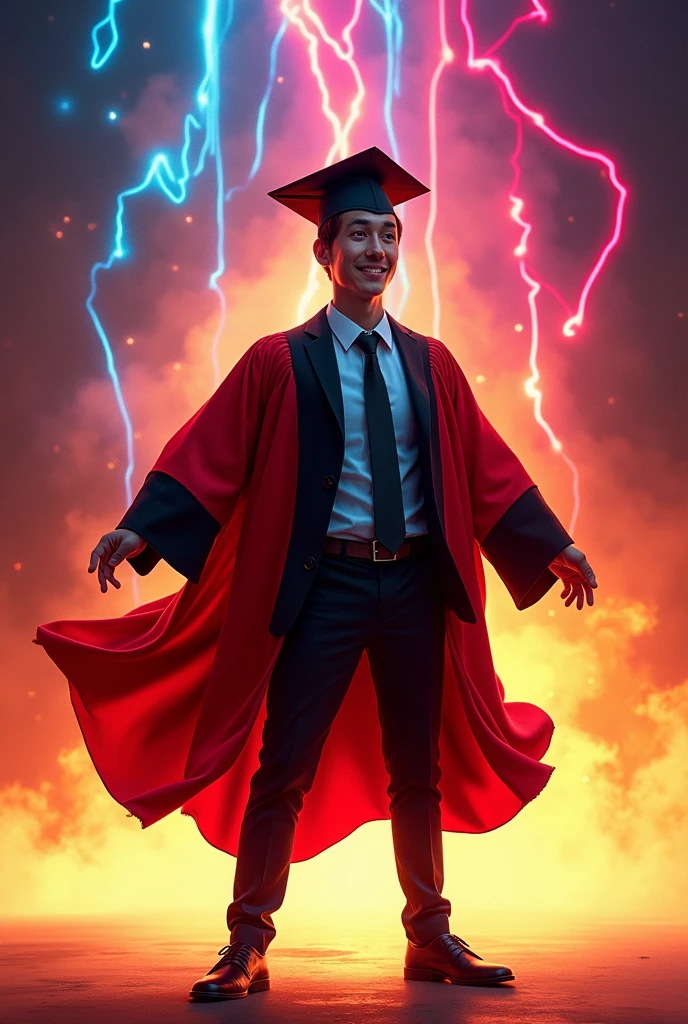 Realistik Karikature, A young man, wearing black graduation hat, black shoes, in red and black graduation gown, fire effect background, neon lighting effect