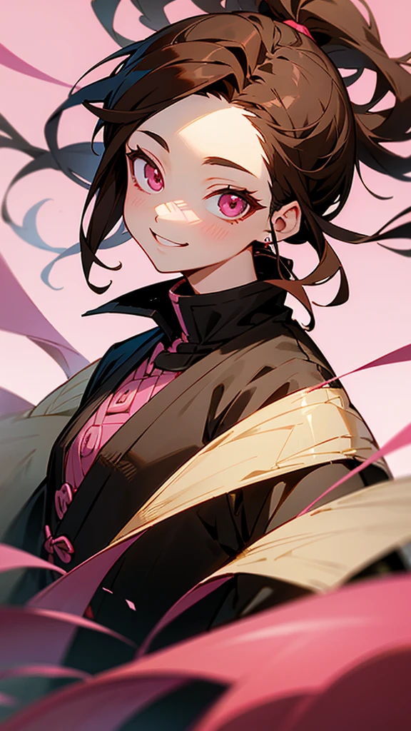 Demon slayer、Beautiful Kamado Nezuko、masterpiece、Transcendent Real、Shortcuts、High resolution, smile, Brown Hair, masterpiece, Highest quality, Textured skin, whole body、Character portrait, whole body、Pink eyes, earphone, Gaze, smile, Background mysterious nature