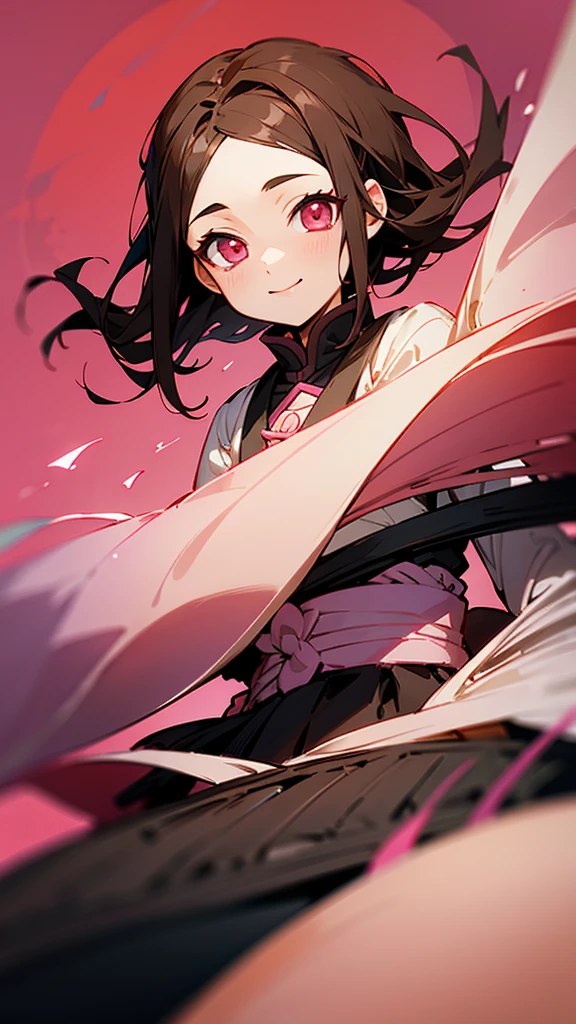 Demon slayer、Beautiful Kamado Nezuko、masterpiece、Transcendent Real、Shortcuts、High resolution, smile, Brown Hair, masterpiece, Highest quality, Textured skin, whole body、Character portrait, whole body、Pink eyes, earphone, Gaze, smile, Background mysterious nature