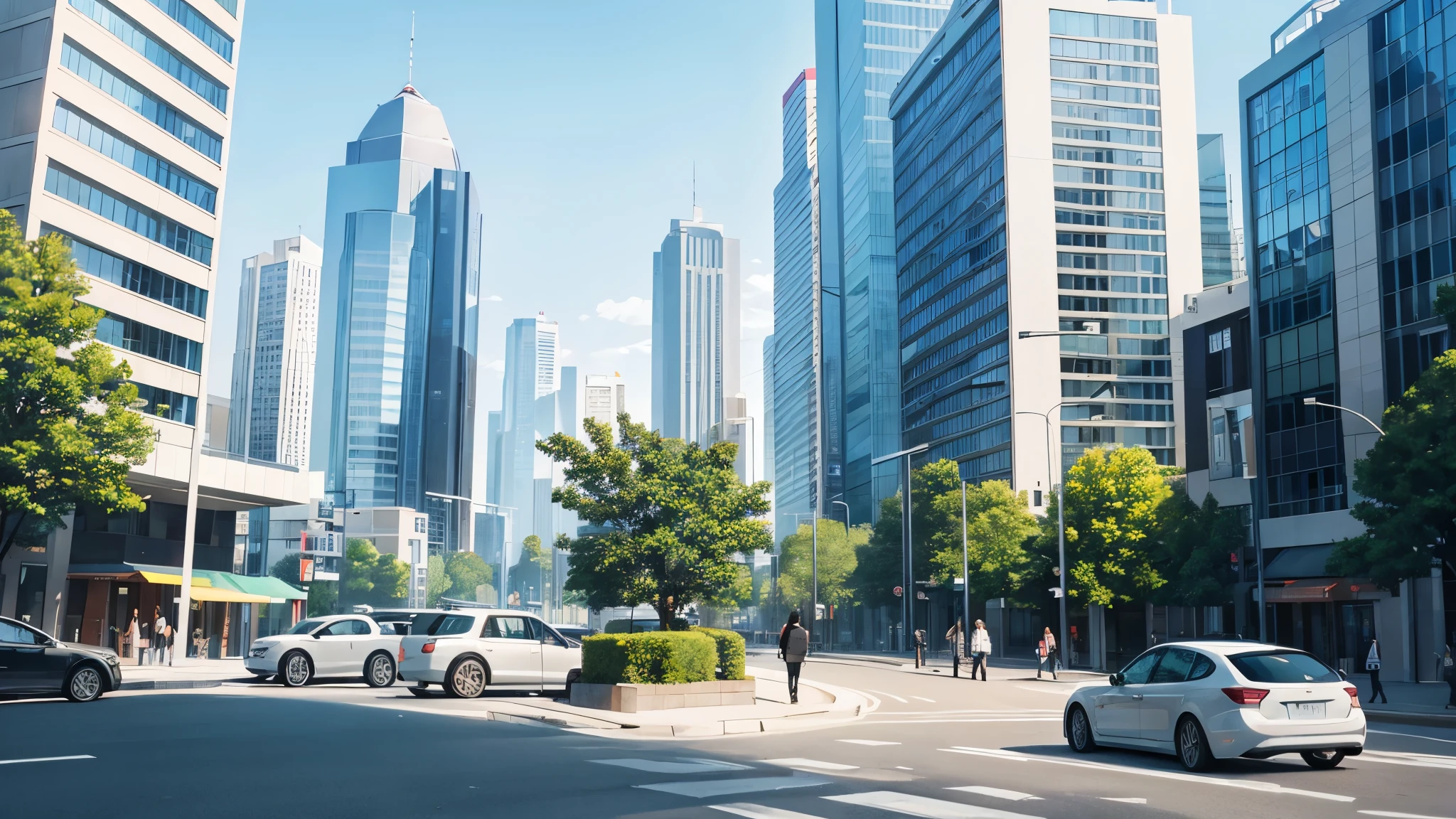 Design a city background with a calming and minimalistic style similar to Frieren, but with a more modern touch, The scene should depict a contemporary urban street during the day, featuring sleek, modern buildings with clean, simple designs, Include details such as clean sidewalks, small trees, and parking areas, The primary colors should be light blue, gray, and green, with soft details like modern street signs and contemporary streetlights, The design should be soothing and straightforward, emphasizing modernity while balancing natural elements with urban infrastructure