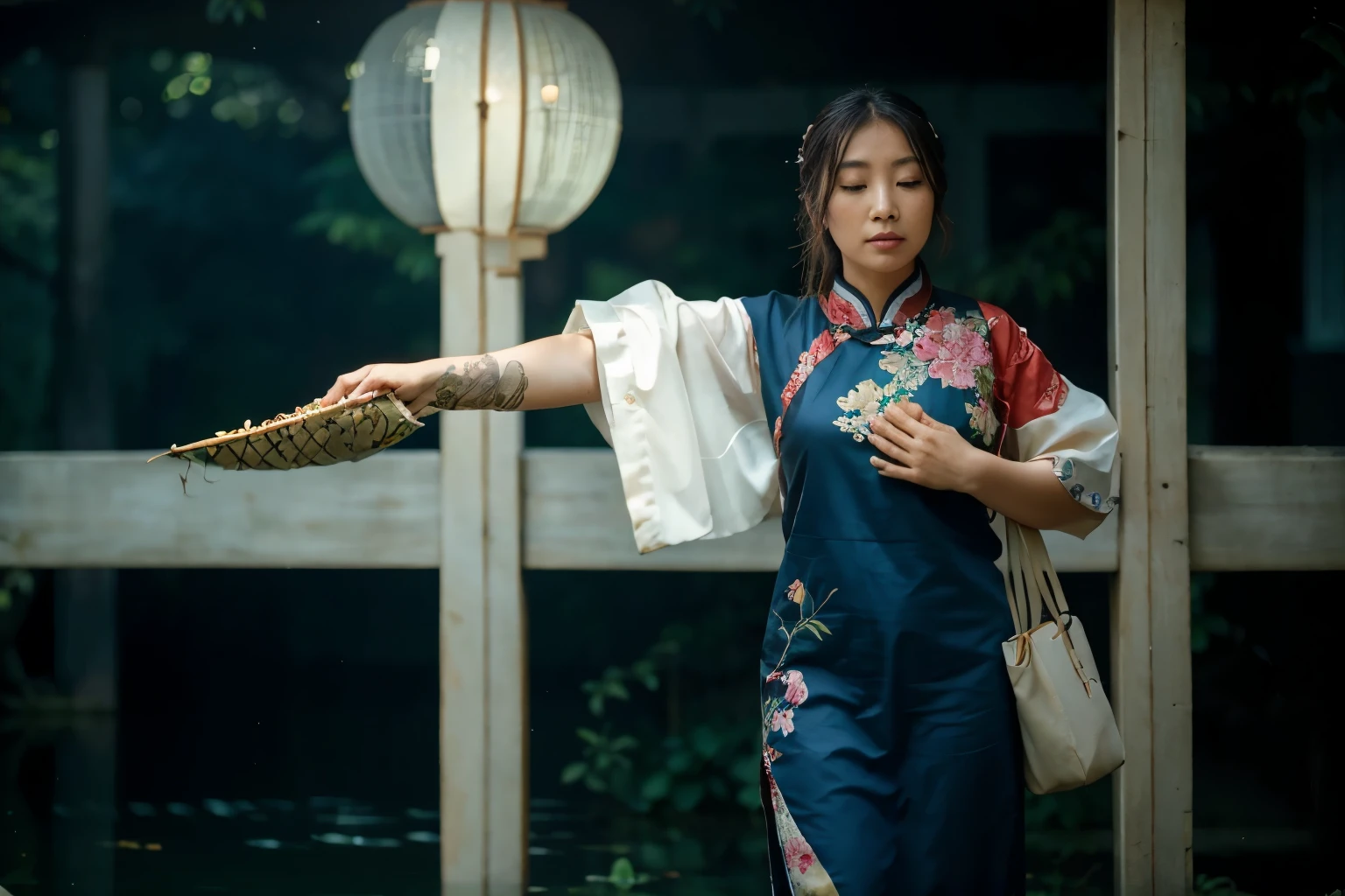 (Best quality, 8k, 32k, Masterpiece, UHD:1.2) "Transform the setting into a serene garden nestled within the palace of Ancient China. Envision traditional Chinese architecture surrounding the garden, with intricately carved wooden beams and ornate roofs adorned with upturned eaves. The garden itself is a tranquil oasis, filled with meticulously arranged plants, including bamboo groves, bonsai trees, and vibrant peonies in full bloom. A calm, reflective pond occupies the center, with koi fish swimming beneath the surface and a stone bridge arching gracefully over it. Lanterns hang delicately from the trees, casting a soft, warm glow. In the distance, a pagoda stands tall, partially hidden by the lush greenery. The air is filled with the faint scent of jasmine and the sound of rustling leaves, creating a peaceful and harmonious atmosphere, reminiscent of the imperial gardens of Ancient China's royal palaces."