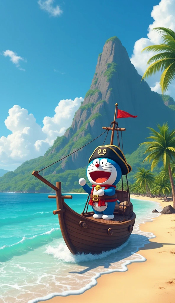 An image of Captain Doraemon wearing a pirate outfit on the sea . Doraemon is standing on the small ship, docked next to the white sand beach, The big ship is behind,Behind is a sharp 3d 4k mountain 