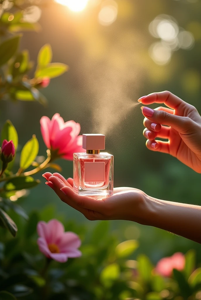 A woman’s hand spraying perfume with a pink squared bottle to a flower
