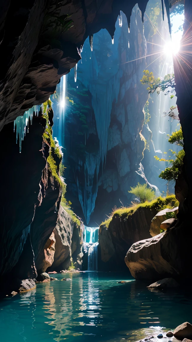 (8k, RAW Photos, 最high quality, masterpiece:1.2), High-quality RAW color photos, Professional photo shoot, Scenery of a small waterfall in a cave, water flowing, Quiet Flow, Amazing illumination, Mysterious cave scenery, dim, Rocks and shining stalactites, Water reflection, Lens flare, high quality, photo shoot.
