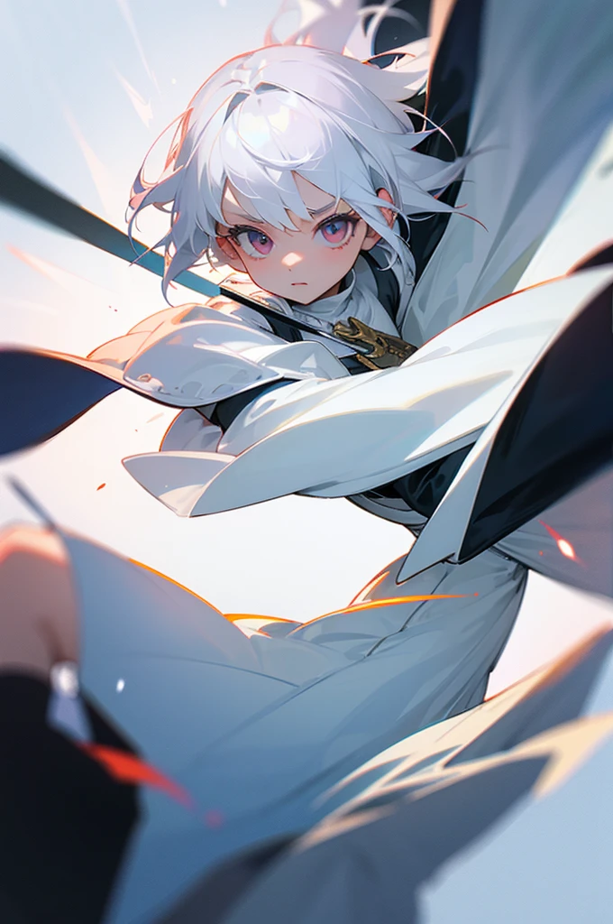 A  girl with white hair, wearing white armor and a cape, holding twin swords in both hands, with a sense of speed.