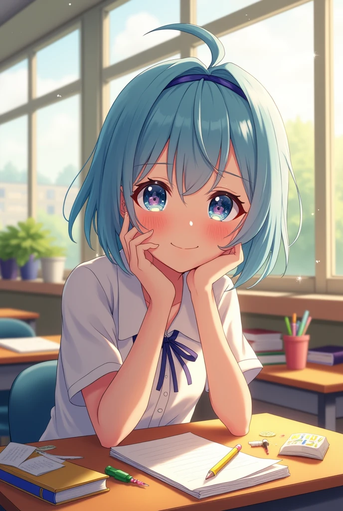 An anime-style female student with  glass eye with short hair character sitting next to me or sharing the same desk, looking at me with her hand touching her cheek, and smiling sweetly and cutely."

This description can be used as a prompt for creating a clear 4K quality AI-generated image.