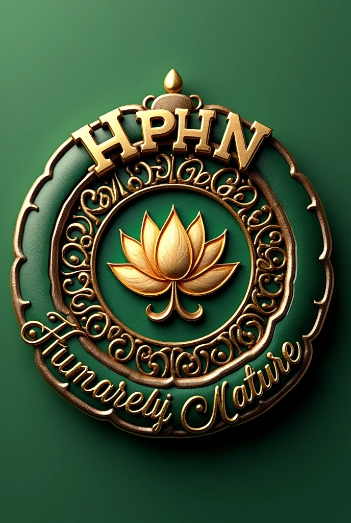 Generate brooch design of a political party name 'HPHN' mentioned on it, with slogan 'Humari Party Humara Nature', with lotus logo in centre