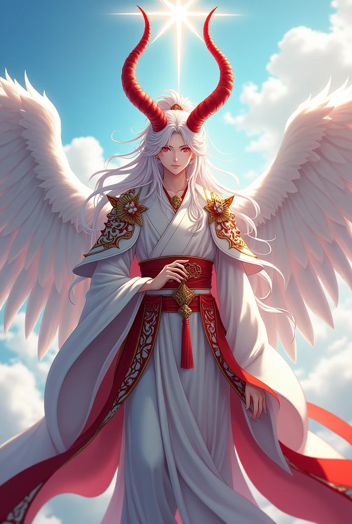 Anime like Irdrasses Samael with purest white hair and purest Luminous red eyes and hia true form is described as having two pure large Crimson horns on his forehead, a grey-red star halo on his head, and six Magnificent Purest white wings on his back. He is a Male and Is Wearing Shinto-Chinese imperial like clothes adorned with gold and Platinum, he is the most beautiful of all and is most gorgeous. 