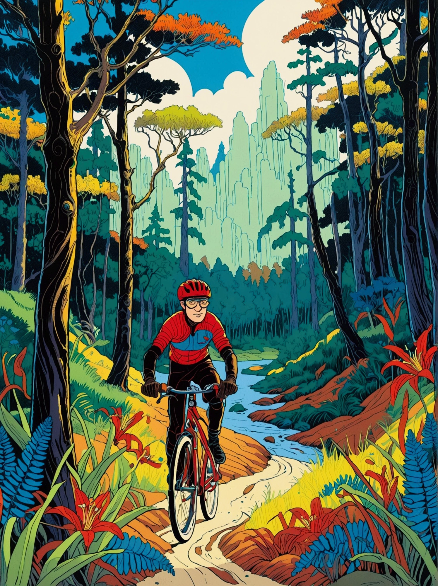 (shsw:1.6), ([negative space:0.8:1.5]), A blue-eyed cyclist wearing glasses，Wearing a red helmet with goggles and Endura gloves，Right leg in a cast，Riding a black and red bicycle，The rider races through the pine forest，A blue river runs through the sand。Low grass grows on one side of the road、Ferns and lilies，On the other side is a picturesque swamp，Full of reeds and larch trees, (((colorful cartoon-style illustration from an award winning animated movie, illustrated in bold outlines, showcasing its colors and shapes, The character is depicted adorned colorful energy against a white background))), [mythical creature:0.8]