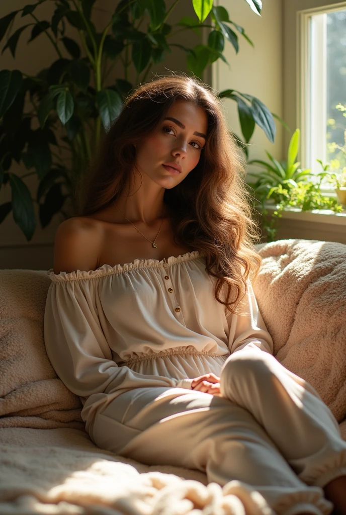 (photorealism:1.2), beautiful woman, sitting on bed, wearing loose off-shoulder top, pajama pants, long curly hair, indoors, soft lighting, plants in background, window with sunlight, cozy room, relaxed pose, realistic, intricate details, warm colors, by Greg Rutkowski, by Alphonse Mucha