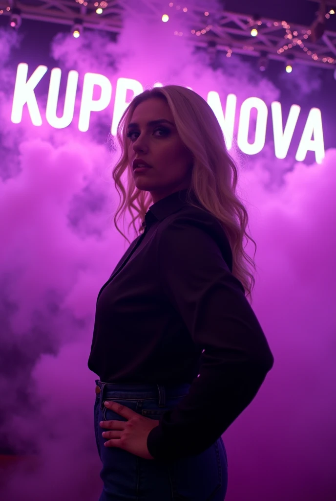 A large woman in a black blouse against a purple wall with a lot of purple smoke illuminated by neon letters on the wall that read KUPRIANOVA with glitter