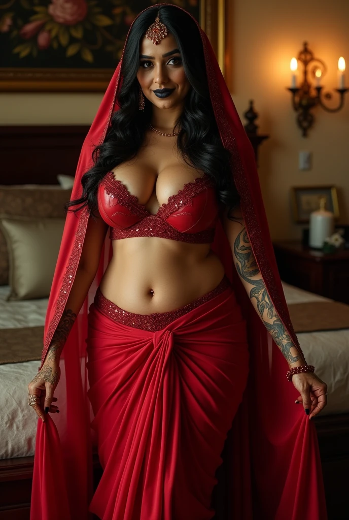 INDIAN CURVY BRIDE, Wet , Kinky , mistress, hunter, Wet BBW PAWG CHUBBY CURVY FAT ASS CURVY mistress her big ass in leather thong and big cleavage in leather bra, dark black lipstick,high heels, inside bedroom , pantyhose, strapon dildo, kinky , femdom, cruel mistress, sex toys,hand gloves with HUNTER and tattoo and strap in neck, Full body picture, VEIL red SAREE