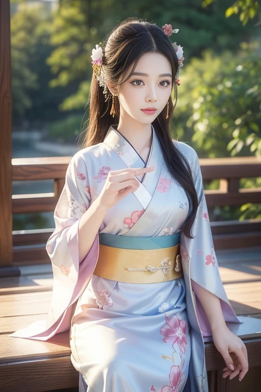 arafed image of a woman in a kimono dress pointing at something, beautiful character painting, inspired by Wu Li, inspired by Li Mei-shu, inspired by Wu Zuoren, yun ling, inspired by Lan Ying, inspired by Chen Yifei, inspired by Qiu Ying, heise-lian yan fang, inspired by Li Tang, heise jinyao