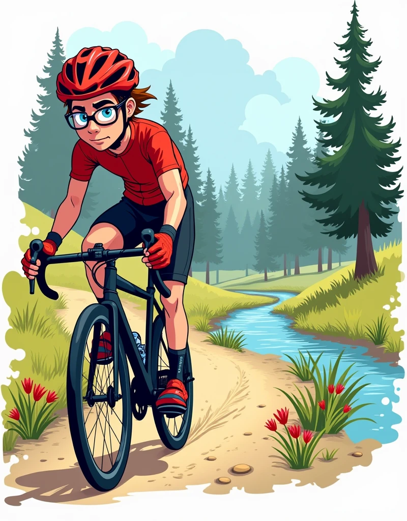 (shsw:1.6), ([negative space:0.8:1.5]), A blue-eyed cyclist wearing glasses，Wearing a red helmet with goggles and Endura gloves，Right leg in a cast，Riding a black and red bicycle，The rider races through the pine forest，A blue river runs through the sand。Low grass grows on one side of the road、Ferns and lilies，On the other side is a picturesque swamp，Full of reeds and larch trees, (((colorful cartoon-style illustration from an award winning animated movie, illustrated in bold outlines, showcasing its colors and shapes, The character is depicted adorned colorful energy against a white background))), [mythical creature:0.8]