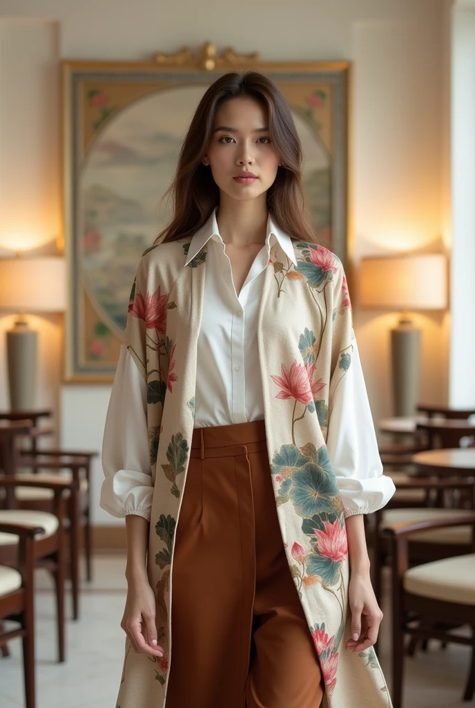 8k image of the model wearing a white cotton shirt with a printed shirt decorated with an impressive watercolor lotus painting. brown stand-up skirt. Luxurious elegant style. Background with rice white walls, chairs, lamps