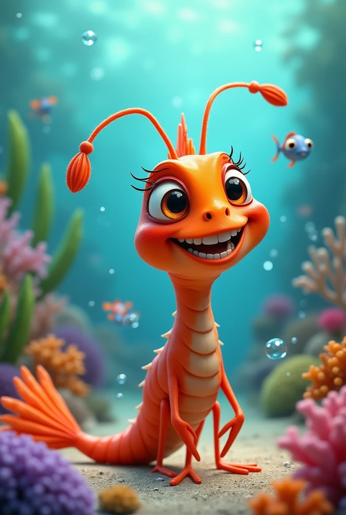 One orange shrimp cartoon character, long body