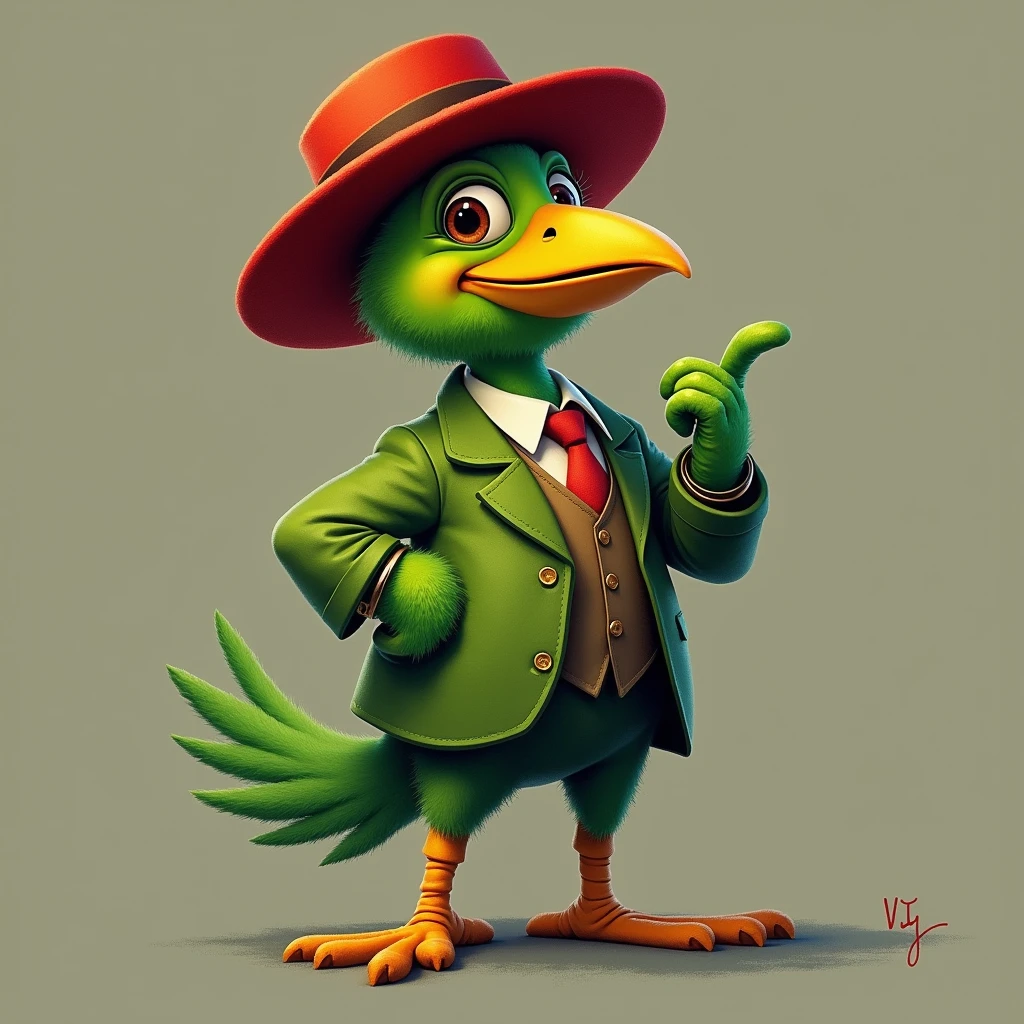 The green bird is wearing a red hat and a suit, striking a pose.