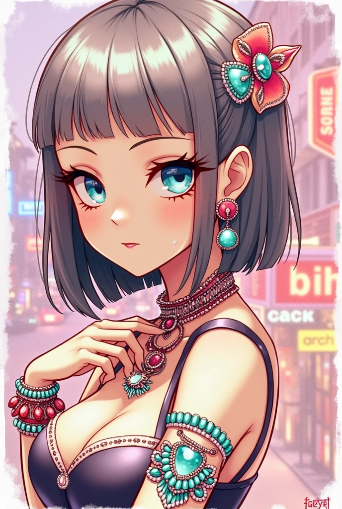 ((Accessories)) ((detailded)) ((well done art)) ((cabelo da Betty Boop)) ((cor de pele branca)) woman with short black hair and bright blue eyes, an intimidating gaze, a short black dress, a large bust, dressed in the gyaru Style