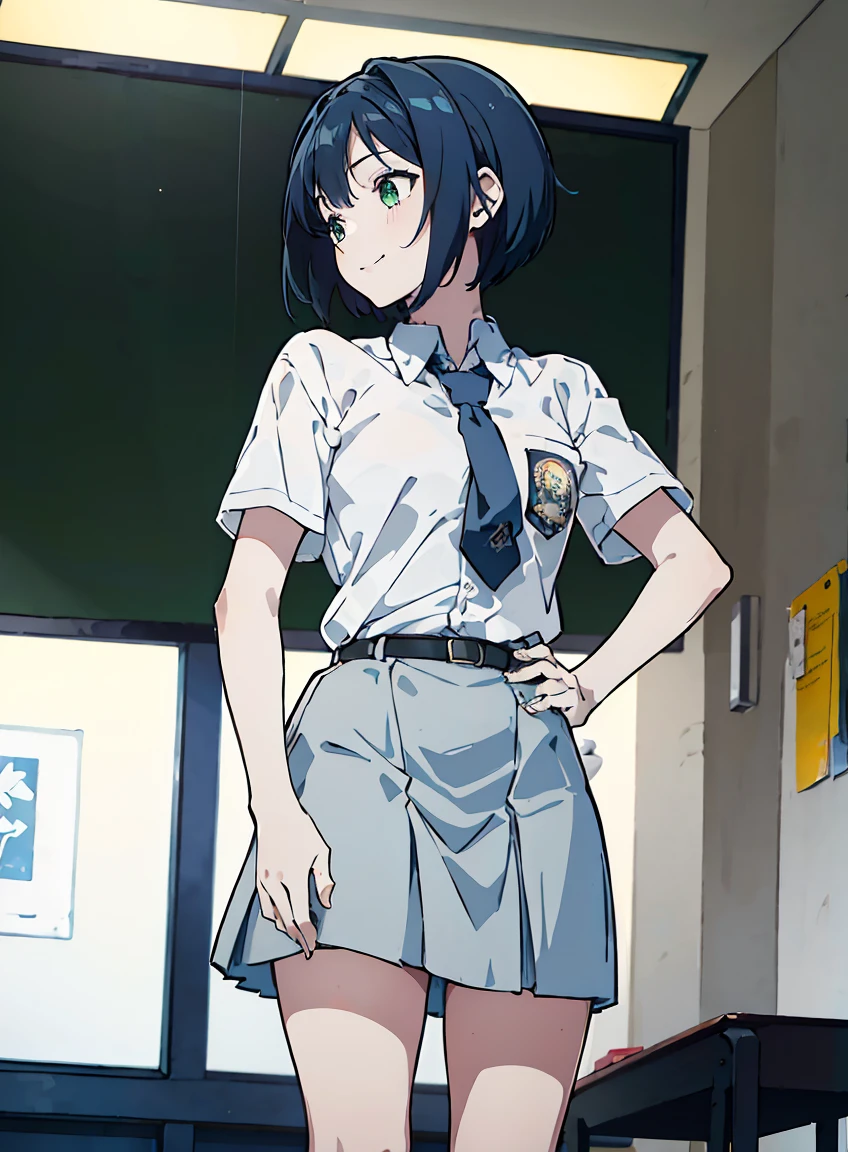 (masterpiece, Best Quality, ultra-detailed, high resolution, extremely detailed CG, official art, Professional Lighting, Perfect Anatomy, anime colors), (1girl), (blue hair), (short hair), (horseshoe-shaped hairband), (green eyes), skinny, medium chest, white dress, happy face, smiling, 3/4 side view, profile view, looking away, the classroom backgrounds, 1girl, cewe-sma, from fitting, white shirt, short sleeve, light-grey tie, gray skirt, belt, Beautiful and dense face, white skin, dynamic pose, cinematic shot,