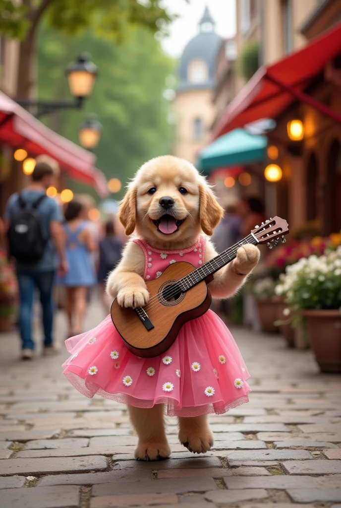 A little dog wearing a dress is playing guitar and dancing on the street.