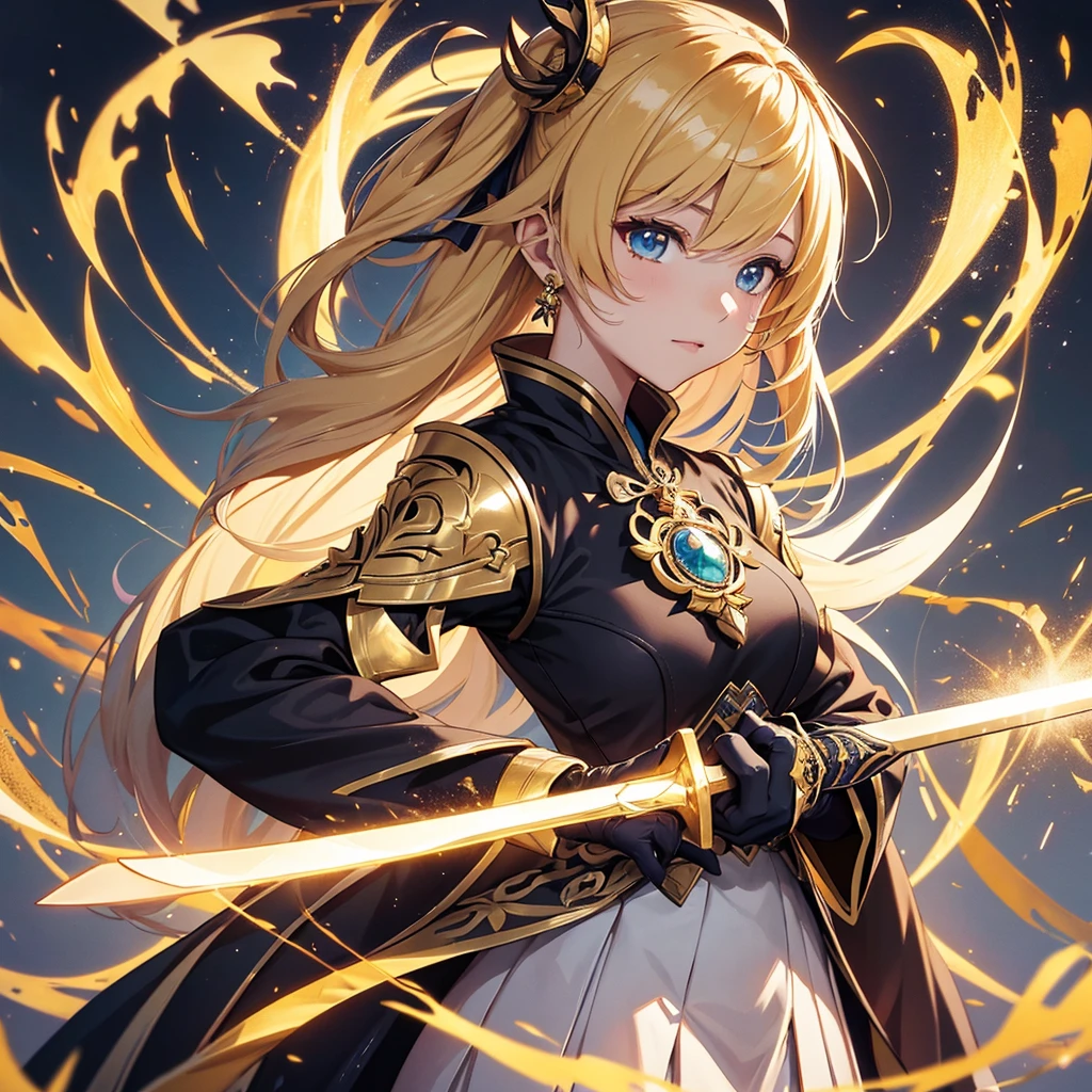 A woman in golden attire, holding a sword and a green ring., Portrait of a girl in the Knights of the Zodiac, ayaka Genshin Impact impact, keqing from Genshin Impact impact, Astori Lawn, ayaka game Genshin Impact impact, zhongli from Genshin Impact impact, Genshin Impact impact character, Vivid RPG Portraits, Genshin Impact, long, Official Art, portrait knight woman,(Cowboy Shot,A composition that shows the whole body,One woman)