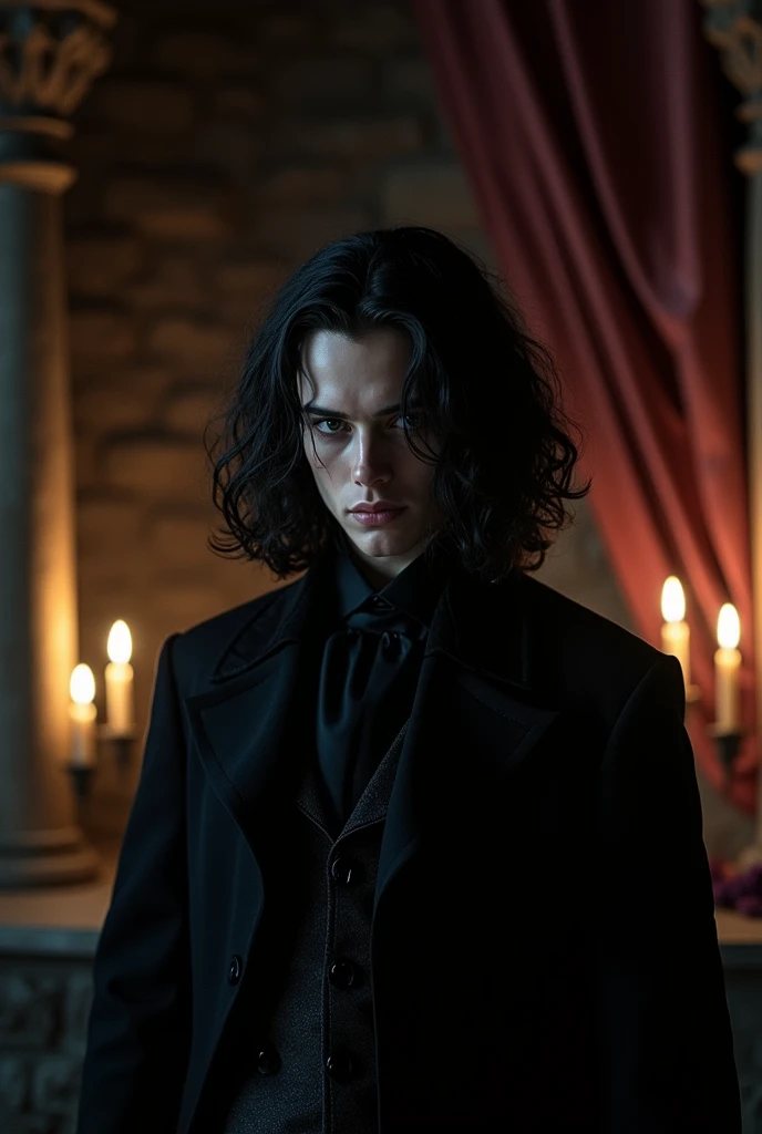 Create an image of a young vampire with long, curly hair. He is in a dark and mysterious environment, with dim lighting and deep shadows. The vampire has an enigmatic expression and an intense gaze, with slightly visible teeth. The background should be a mix of gothic and dark elements, Like stone walls, heavy curtains and flickering candles.