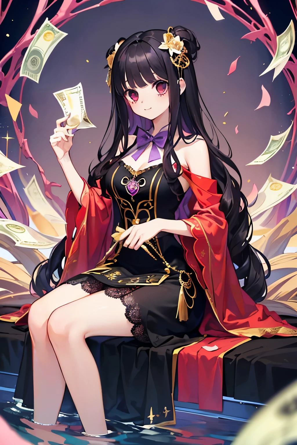 beautiful cute girl,((black hair:1.2)),(Medium wave hair:1.1),(purplered eyes:1.2),((volume and gorgeous dress:1.2)),(gold venice carnival costume:1.2),((lace:1.2)),(首を傾げる:1.3),((long hem skirt:1.1)),((Happiness:1.1)),(forest:1.15),(sitting on lap:1.2),((pay a large amount of money floating in the air:1.25)).