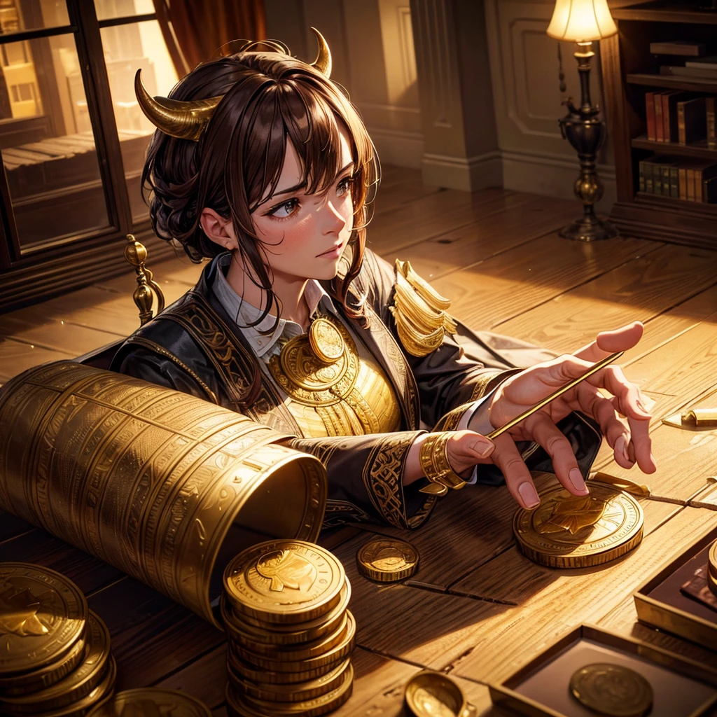 a steer in the background, an stock chart, golden coins on the floor, ultra-detailed, 8k, photorealistic, professional, dramatic lighting, warm color tones, intricate details, complex composition, cinematic, striking colors, economic concept art, financial illustration, realistic rendering, dynamic pose, depth of field