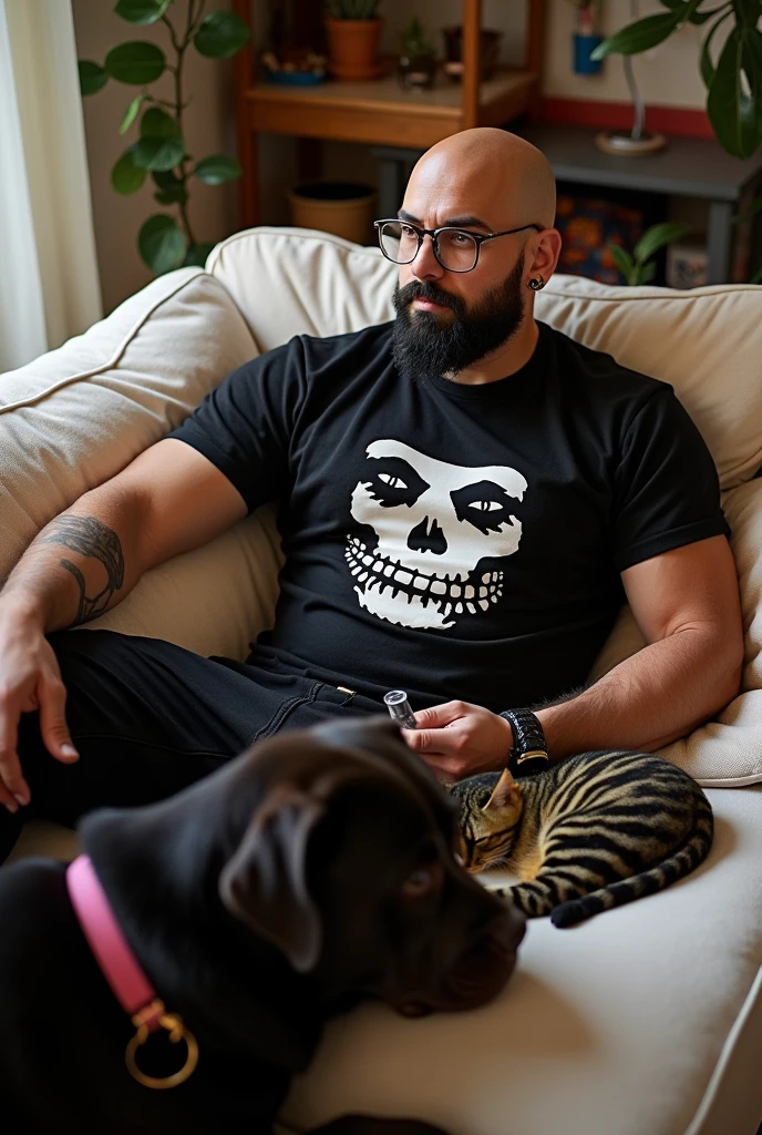 strong man, offwhite, Bald with a short black beard and eyeglasses. Small golden hoop earrings and a black Misfits band shirt. Sitting on a sofa watching TV with a bong in hand and a black and yellow scaly cat sleeping beside him and a large dark brown labrador dog with a pink collar lying at his feet