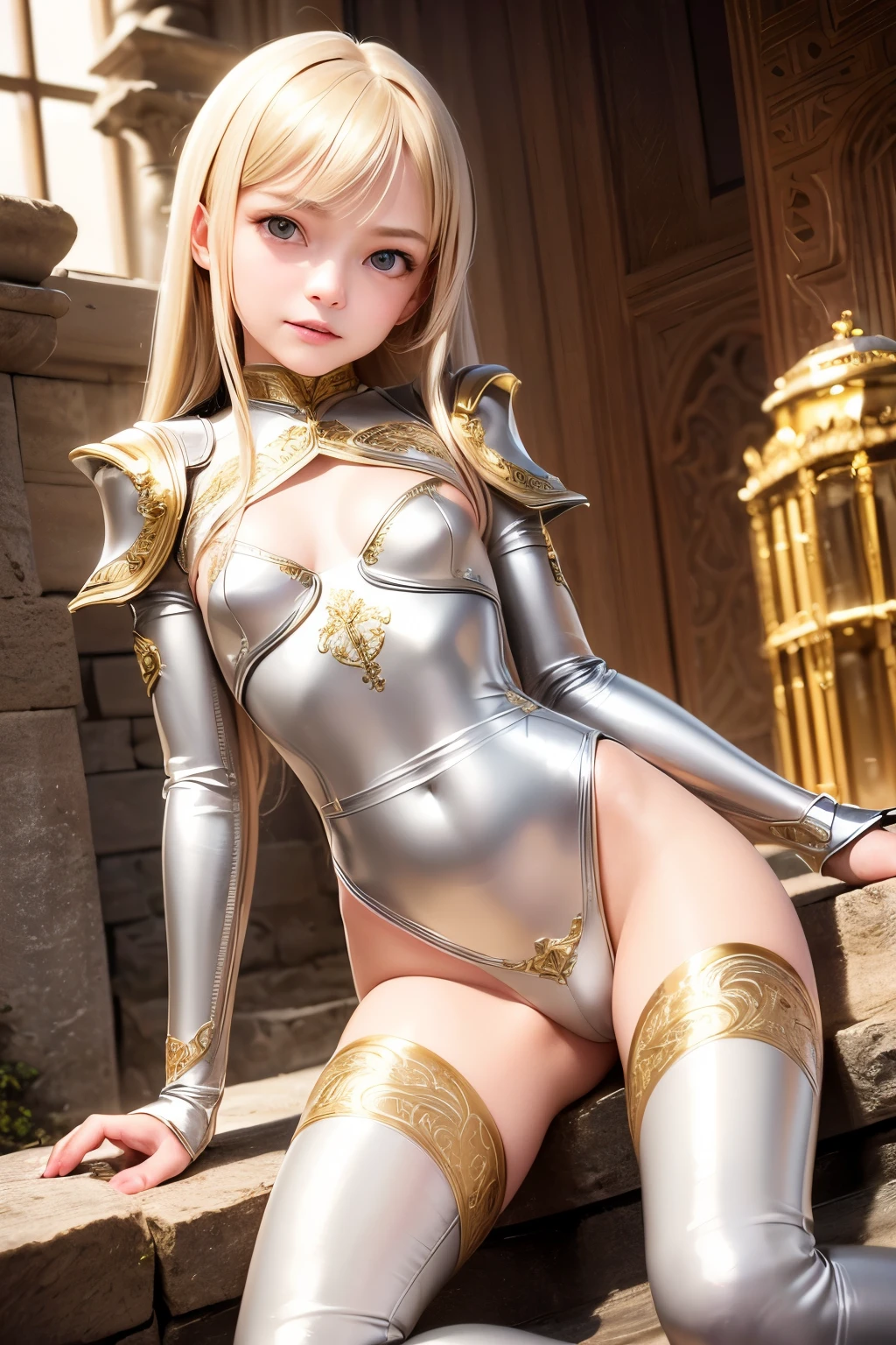 masterpiece,Highest quality,Very detailed,Photorealistic,Pretty Girl Rider,Beautiful blonde,Silver metallic armor with intricate decorations,Soft lighting, 15 years old girl,Perfect Face,Beautiful and detailed eyes,Big bright eyes,Beautiful Skin,skinny,Small breasts,Dynamic,Dynamic Angles,Outside the massive stone fortress