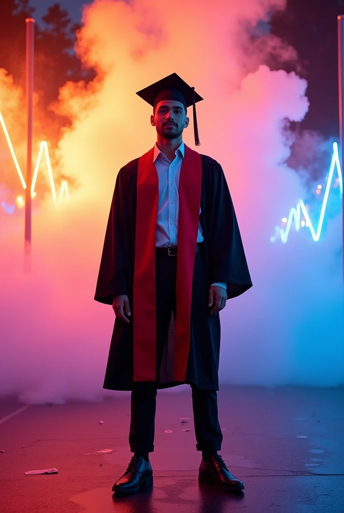 Realistik Karikature,consept art photography , A young man, wearing black graduation hat, black shoes, in red and black graduation gown, fire effect background, neon lighting effect