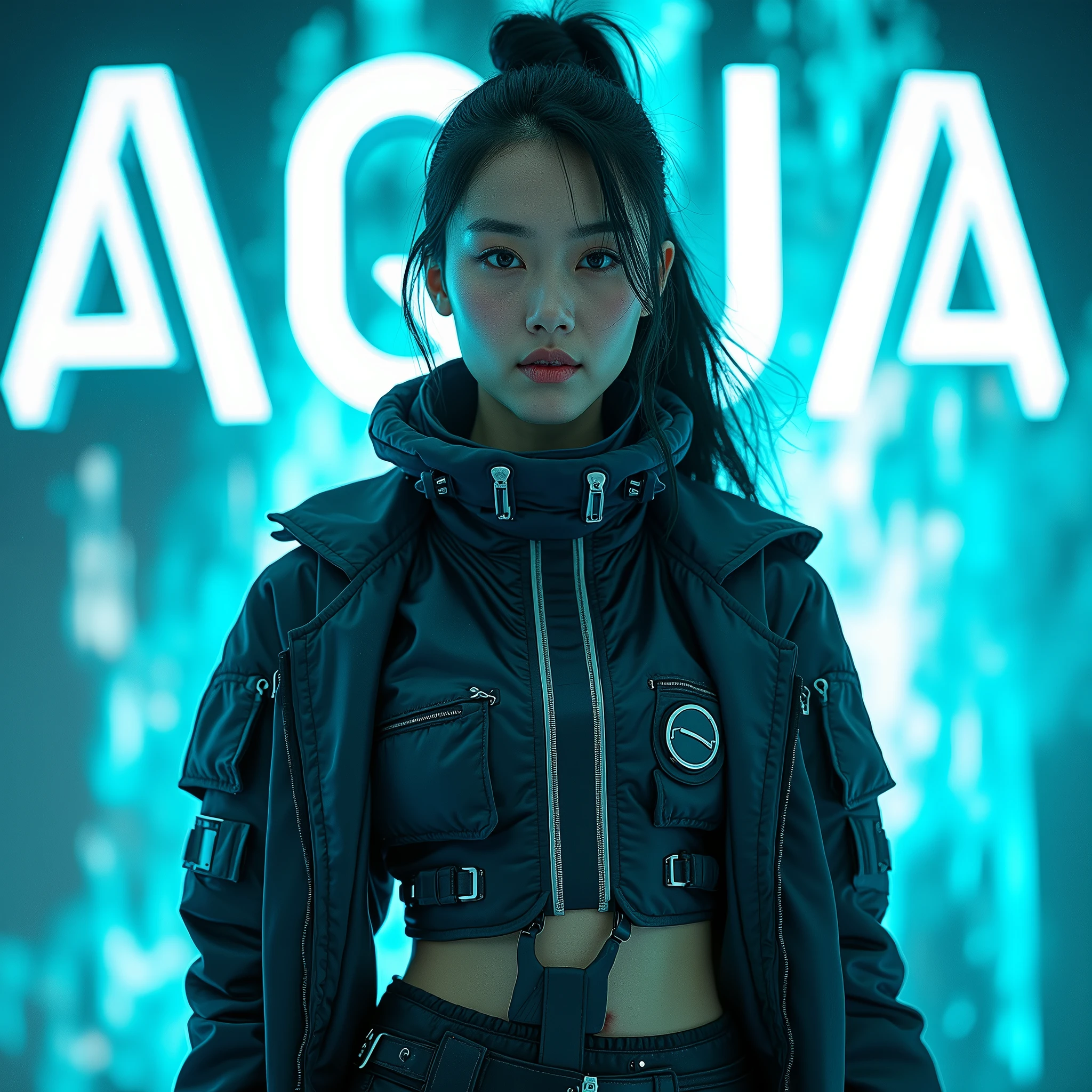 Woman 20 years old, asian, background with the letters AQUA, album cover, Tech_wear