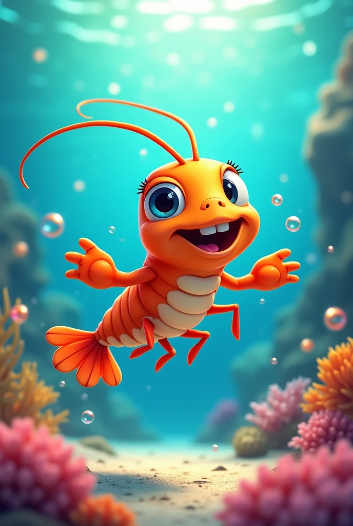 One orange cartoon shrimp