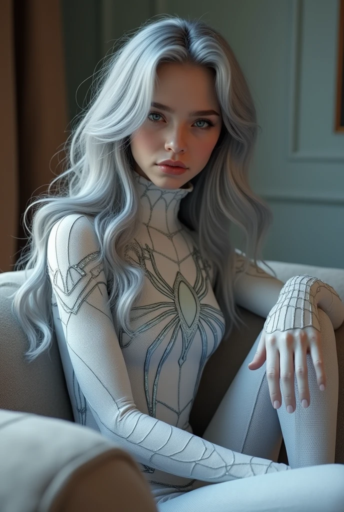 (Détails extrêmes, fond d&#39;écran CG Unity 8K, chef-d&#39;œuvre, la plus haute qualité), (Éclairage et ombre exquis, image très dramatique, effet de lentille cinématographique), a girl in a white Homme araignée costume, couleur de cheveux gris argenté, from the Homme araignée parallel universe, Wenger, merveille, Homme araignée, assis sur le canapé, pose dynamique), (excellent détail, éclairage exceptionnel, grand angle), (Excellent rendu, de quoi se démarquer dans sa catégorie), focus on white Homme araignée costumes, textures d&#39;araignées complexes, composition parfaite