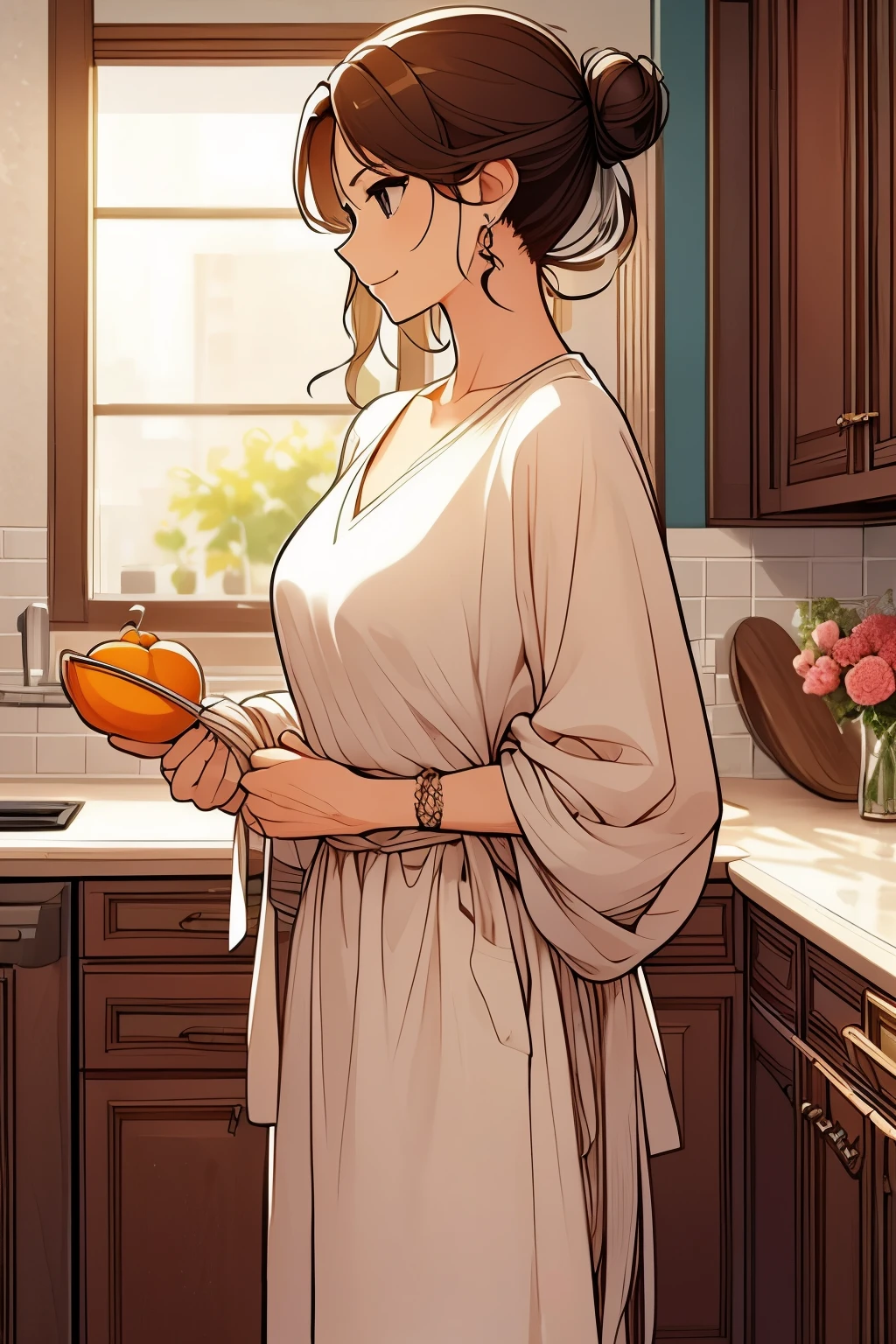 Create an anime-style image of a middle-aged woman with her hair tied in a bun, cooking in a cozy, modern kitchen. The scene should depict her in a full-body side profile as she gently stirs a pot on the stove. The kitchen has a clean and simple design, with normal cabinets, shelves, and a basket of fresh oranges on the counter. Soft, golden sunlight streams through a large window, creating a peaceful and serene atmosphere."