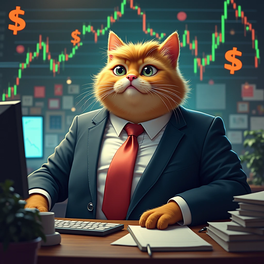 Tech stocks rise across major indices、Cat、Wearing a suit、interesting、comedy、トランプに似ているCat、太ったCat、Stock Trader