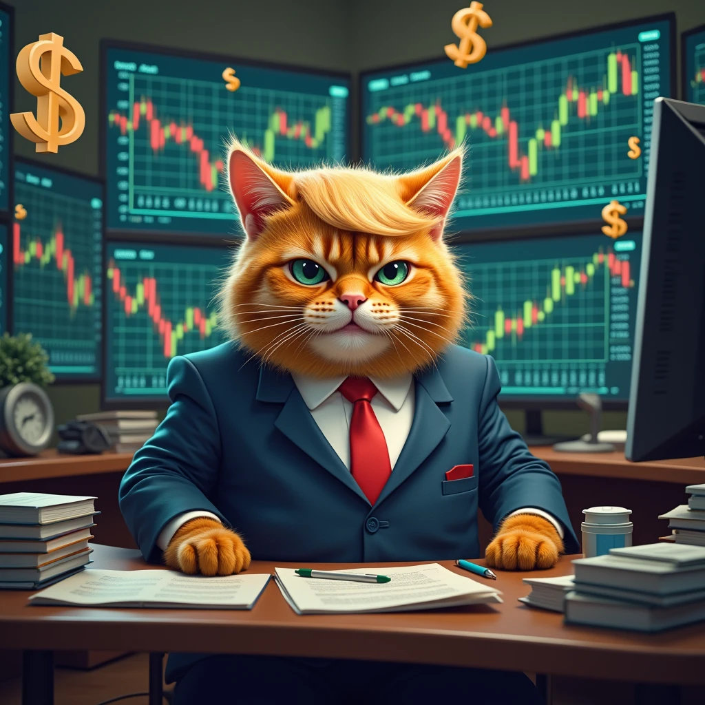 Tech stocks rise across major indices、Cat、Wearing a suit、interesting、comedy、トランプに似ているCat、太ったCat、Stock Trader