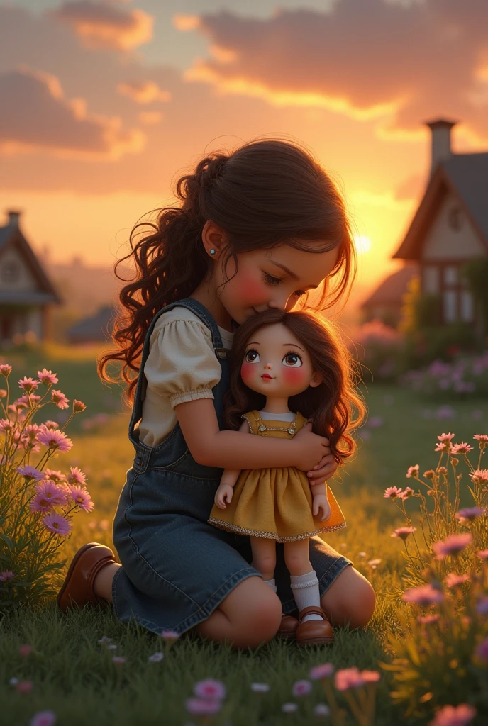 Village Girl lovingly hugs alive doll, with a promise that they will always be together, whether it is day or night. The scene is filled with warmth and affection as the girl and doll share this moment.