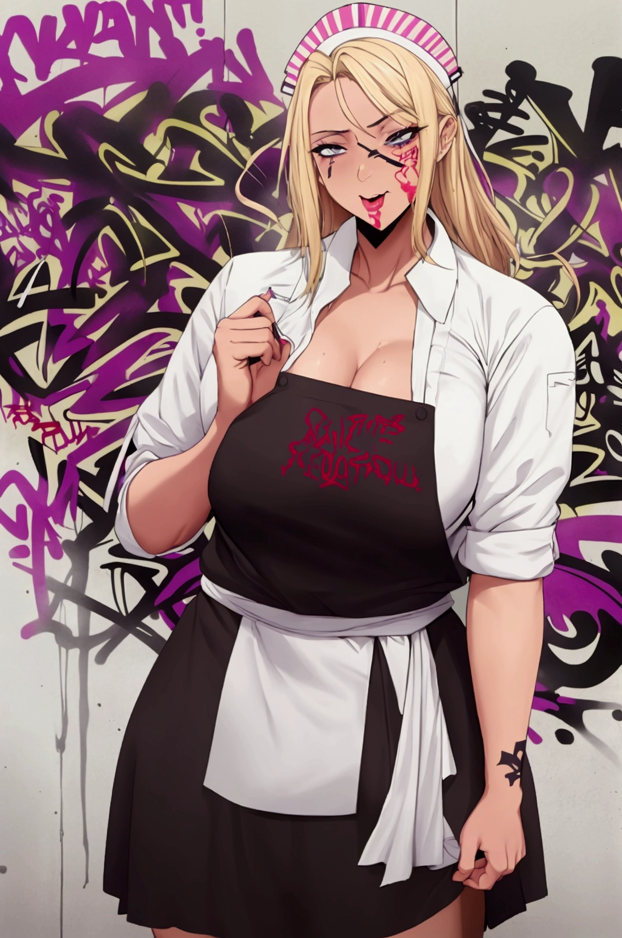 Dorohedoro Style, erotic, porn, hentai, sexy thick and muscle blonde girl, white kitchen apron on a naked female body, nude girl