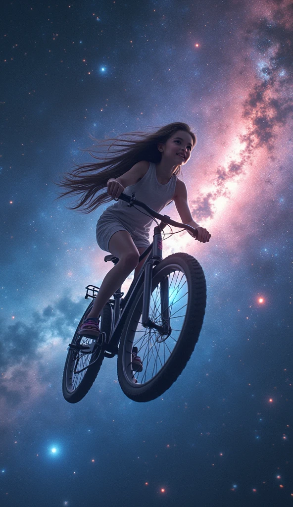 realistic, 1girl, riding a bicycle through the cosmos, beautiful detailed eyes, beautiful detailed lips, extremely detailed face, longeyelashes, riding a futuristic bicycle, stars, milky way, galaxies, nebulae, cosmic landscape, digital art, (best quality,4k,8k,highres,masterpiece:1.2),ultra-detailed,(realistic,photorealistic,photo-realistic:1.37),cinematic lighting,vibrant colors,dramatic lighting,award winning,cinematic composition